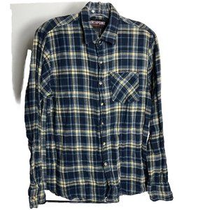 Northpoint Men Flannel Shirt Medium Plaid Blue Tan Grunge Pocket Long Sleeve